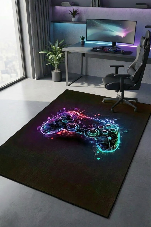 Funspot Modern Şönil  Gamer Halısı Pamuk Tabanlı Yıkanabilen Kaymaz Genç Odası Oyuncu Gaming Halısı