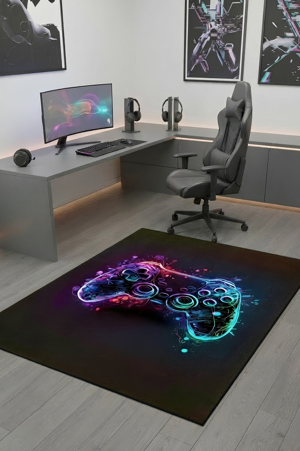 Funspot Modern Şönil  Gamer Halısı Pamuk Tabanlı Yıkanabilen Kaymaz Genç Odası Oyuncu Gaming Halısı