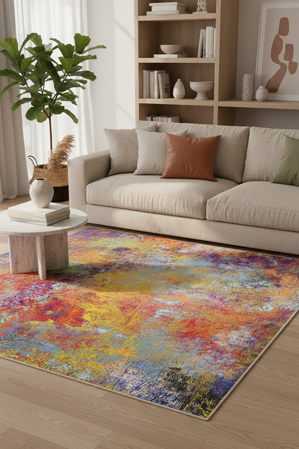 Gaudi Modern Şönil Desenli Pamuk Tabanlı Yıkanabilen Kaydırmaz Antibakteriyel  Salon Halısı