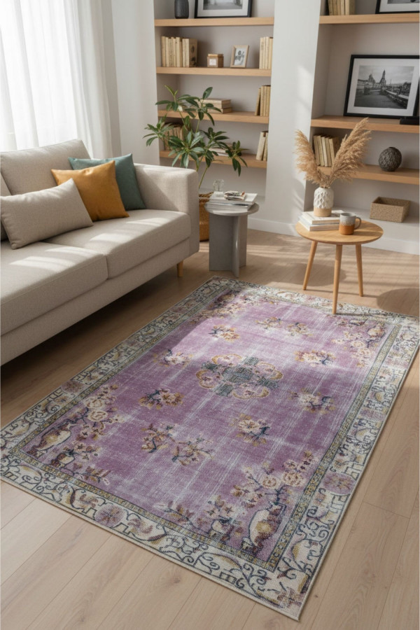 Navas Vintage Desenli Pamuk Tabanlı Yıkanabilen Kaydırmaz Antibakteriyel Şönil Salon Halısı