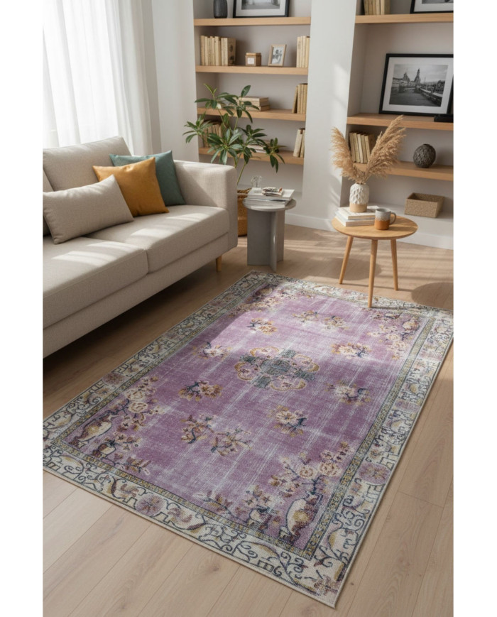 Lavans Vintage Desenli Pamuk Tabanlı Yıkanabilen Kaydırmaz Antibakteriyel Şönil Salon Halısı