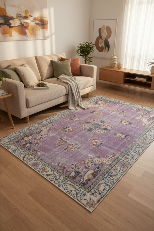 Navas Vintage Desenli Pamuk Tabanlı Yıkanabilen Kaydırmaz Antibakteriyel Şönil Salon Halısı