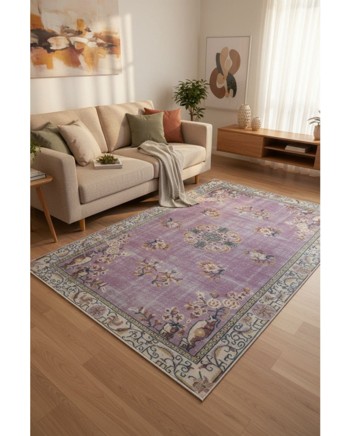 Lavans Vintage Desenli Pamuk Tabanlı Yıkanabilen Kaydırmaz Antibakteriyel Şönil Salon Halısı