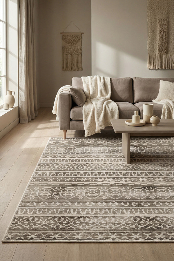 Adani Modern Kadife Desenli Pamuk Tabanlı Yıkanabilen Kaydırmaz Antibakteriyel Salon Halısı