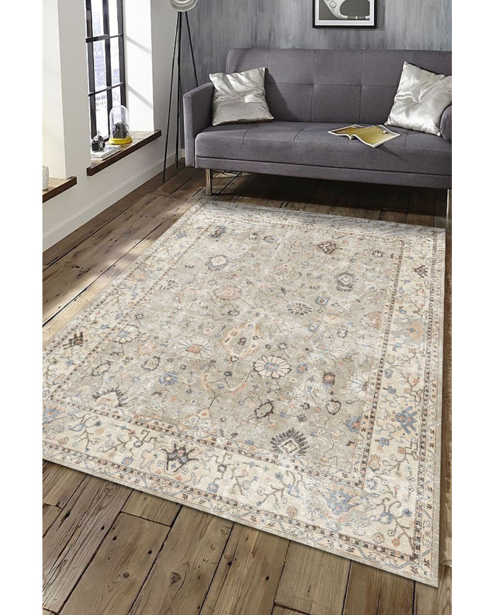 Monty Vintage Desenli Pamuk Tabanlı Yıkanabilen Kaydırmaz Antibakteriyel Şönil Salon Halısı