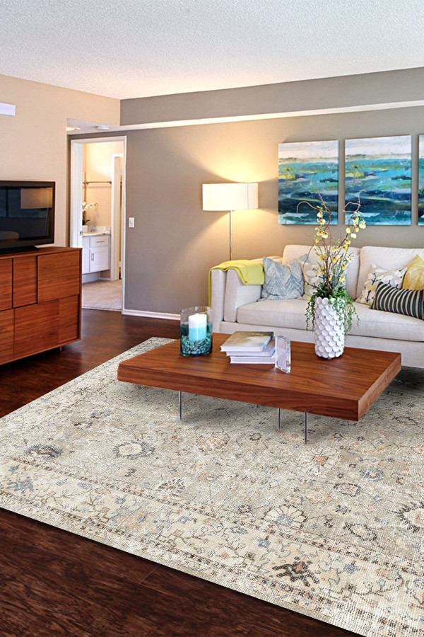 Monty Vintage Desenli Pamuk Tabanlı Yıkanabilen Kaydırmaz Antibakteriyel Şönil Salon Halısı