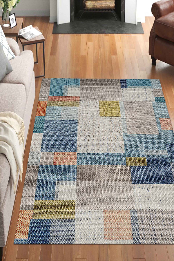 Anelia Patchwork Kadife Pamuk Tabanlı Yıkanabilen Kaymaz Antibakteriyel Salon Halısı
