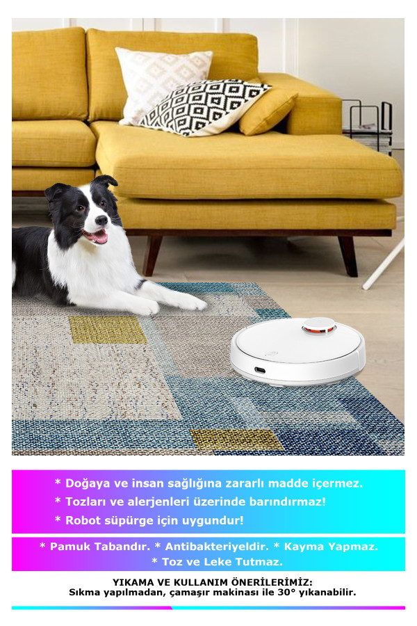 Anelia Patchwork Kadife Pamuk Tabanlı Yıkanabilen Kaymaz Antibakteriyel Salon Halısı