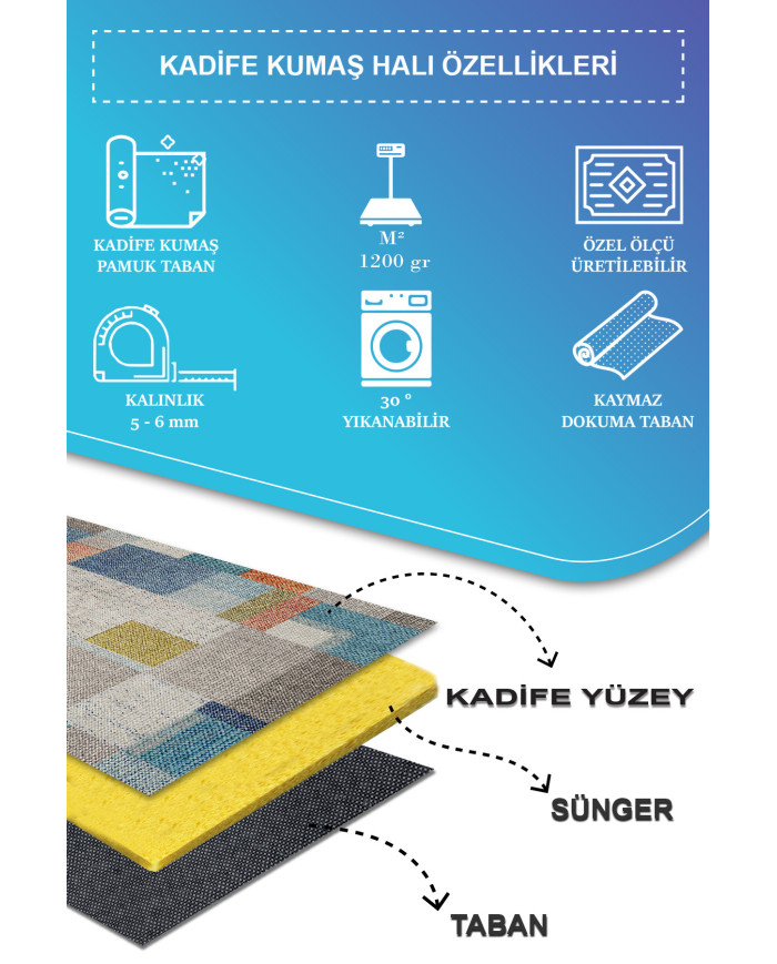 Anelia Patchwork Kadife Pamuk Tabanlı Yıkanabilen Kaymaz Antibakteriyel Salon Halısı