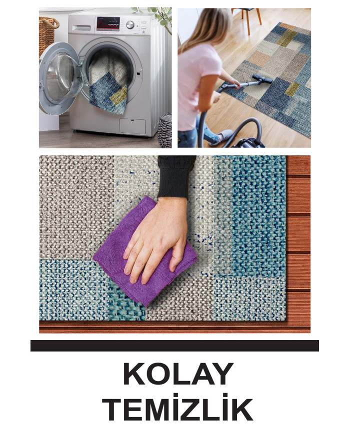 Anelia Patchwork Kadife Pamuk Tabanlı Yıkanabilen Kaymaz Antibakteriyel Salon Halısı
