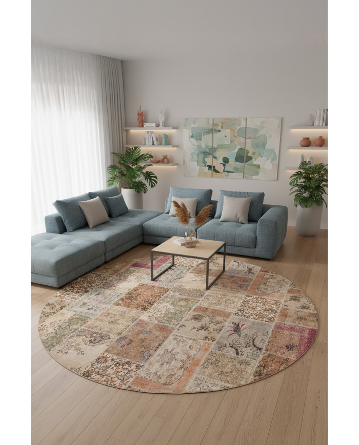 Mora Modern Kadife Desenli Pamuk Tabanlı Yıkanabilen Kaydırmaz Antibakteriyel Yuvarlak Salon Halısı