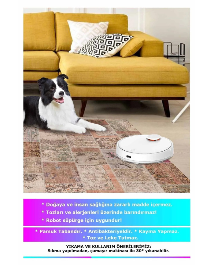 Mora Modern Kadife Desenli Pamuk Tabanlı Yıkanabilen Kaydırmaz Antibakteriyel Yuvarlak Salon Halısı