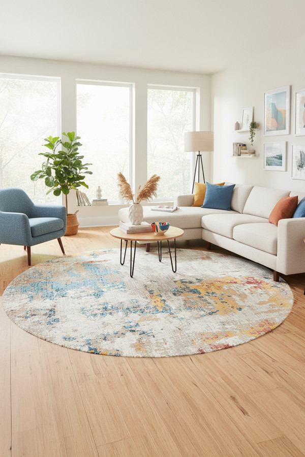 Laray Modern Kadife Desenli Pamuk Tabanlı Yıkanabilen Kaydırmaz Antibakteriyel Yuvarlak Salon Halısı