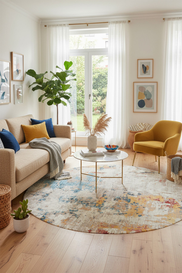 Laray Modern Kadife Desenli Pamuk Tabanlı Yıkanabilen Kaydırmaz Antibakteriyel Yuvarlak Salon Halısı