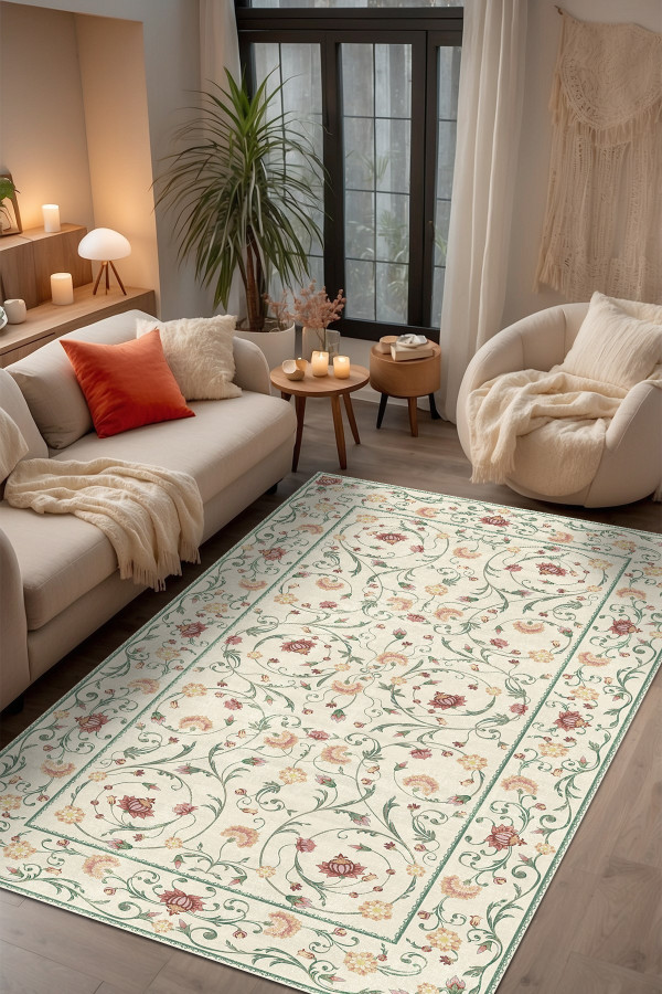 Flon Çiçek Desenli Şönil Pamuk Taban Kaymaz Yıkanabilen Antibakteriyel Salon Halısı