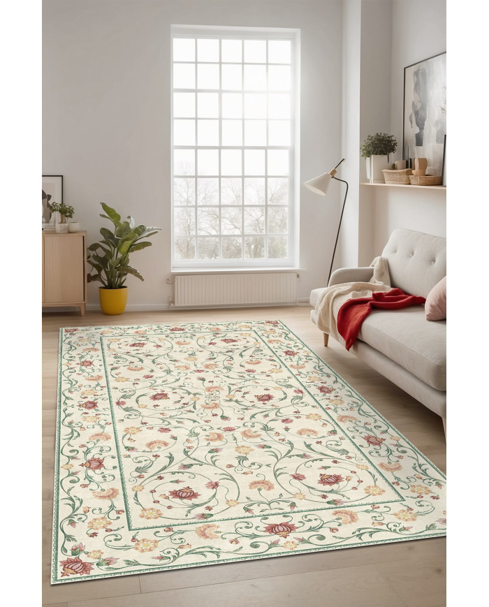 Flon Çiçek Desenli Şönil Pamuk Taban Kaymaz Yıkanabilen Antibakteriyel Salon Halısı