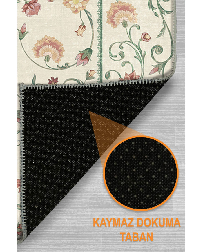 Flon Çiçek Desenli Şönil Pamuk Taban Kaymaz Yıkanabilen Antibakteriyel Salon Halısı