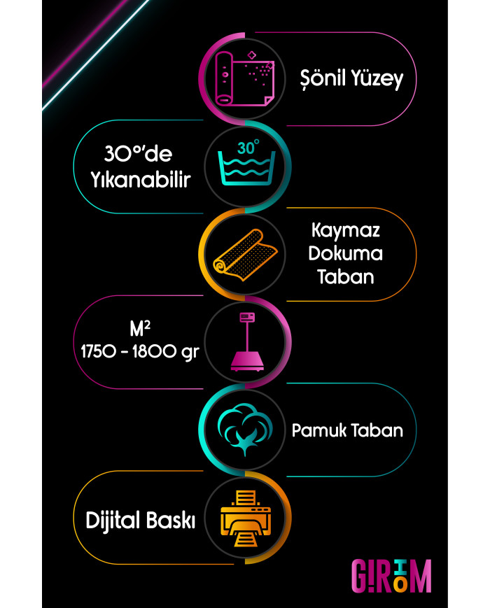 Tant Oyuncu Odası Halısı Şönil Dijital Baskılı Kaymaz Taban Yıkanabilir Salon Halısı