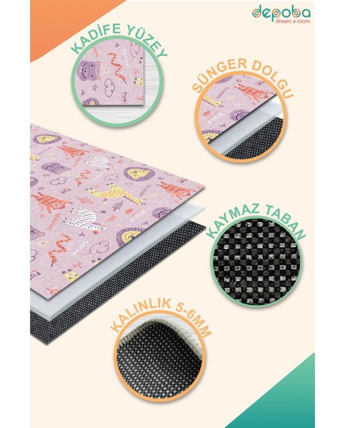 Girono Kadife Antibakteriyel Yıkanabilir Kaymaz Pamuk Tabanlı Çocuk Halısı