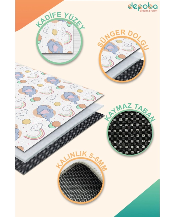 Leana Kadife Antibakteriyel Yıkanabilir Kaymaz Pamuk Tabanlı Çocuk Halısı