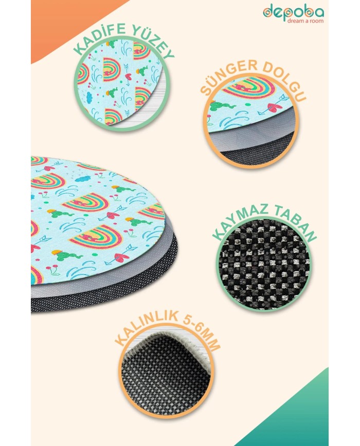 Leshan Kadife Antibakteriyel Yıkanabilir Kaymaz Pamuk Tabanlı Çocuk Halısı