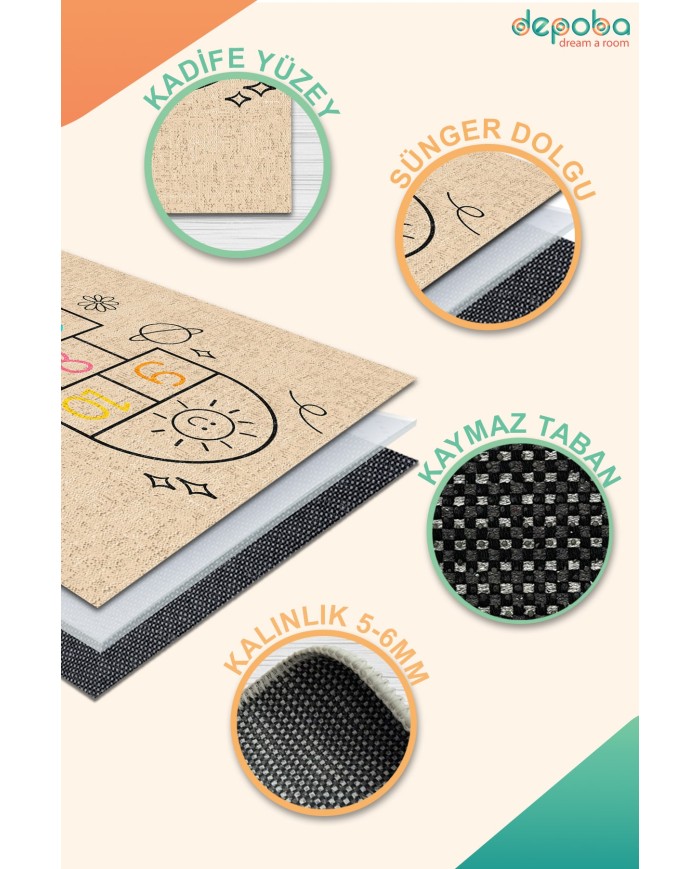 Selan Kadife Antibakteriyel Yıkanabilir Kaymaz Pamuk Tabanlı Çocuk Halısı