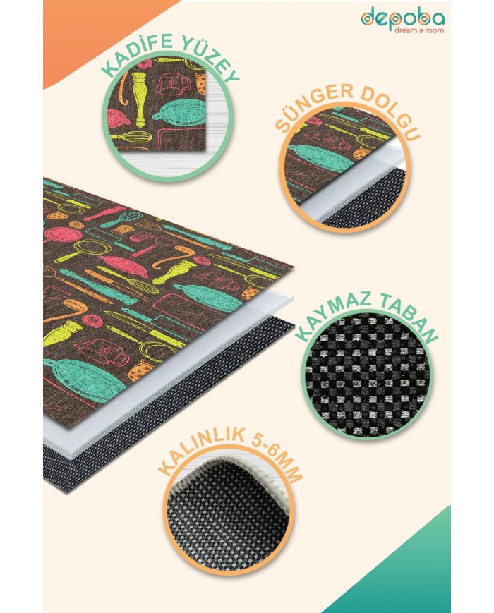 Azera Kadife Yıkanabilir Kaymaz Pamuk Tabanlı Antibakteriyel Mutfak Halısı