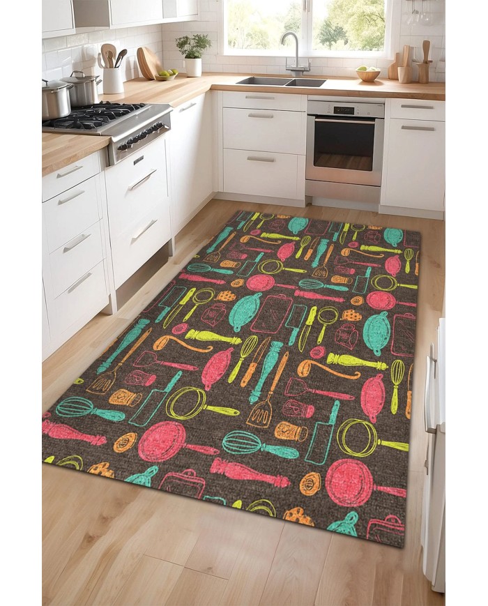 Azera Kadife Yıkanabilir Kaymaz Pamuk Tabanlı Antibakteriyel Mutfak Halısı