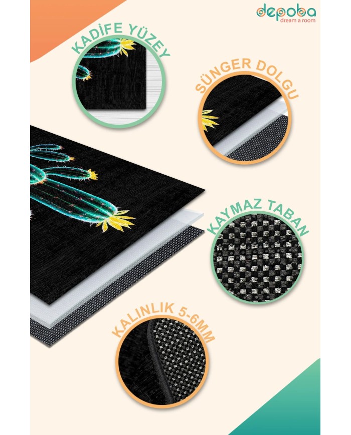 Kaste Kadife Yıkanabilir Kaymaz Pamuk Tabanlı Antibakteriyel Mutfak Halısı