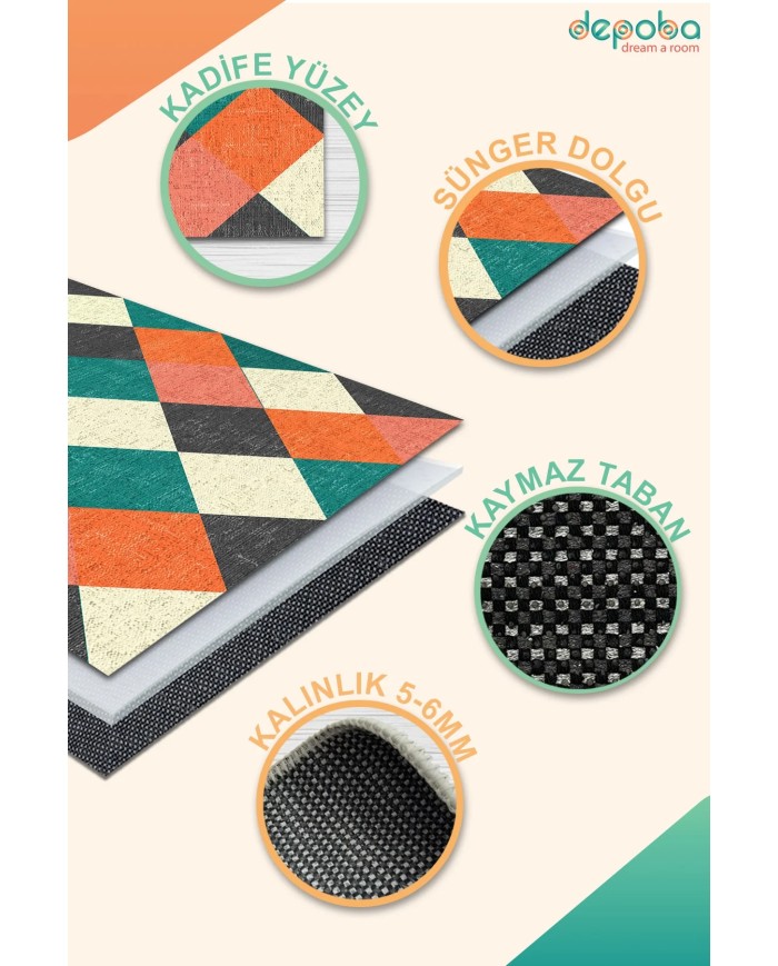 Krena Kadife Yıkanabilir Kaymaz Pamuk Tabanlı Antibakteriyel Mutfak Halısı