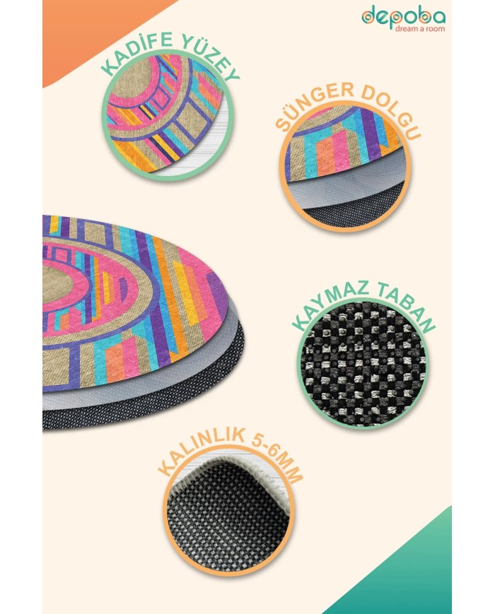 Eltise Kadife Yıkanabilir Kaymaz Pamuk Tabanlı Antibakteriyel Yuvarlak Halı