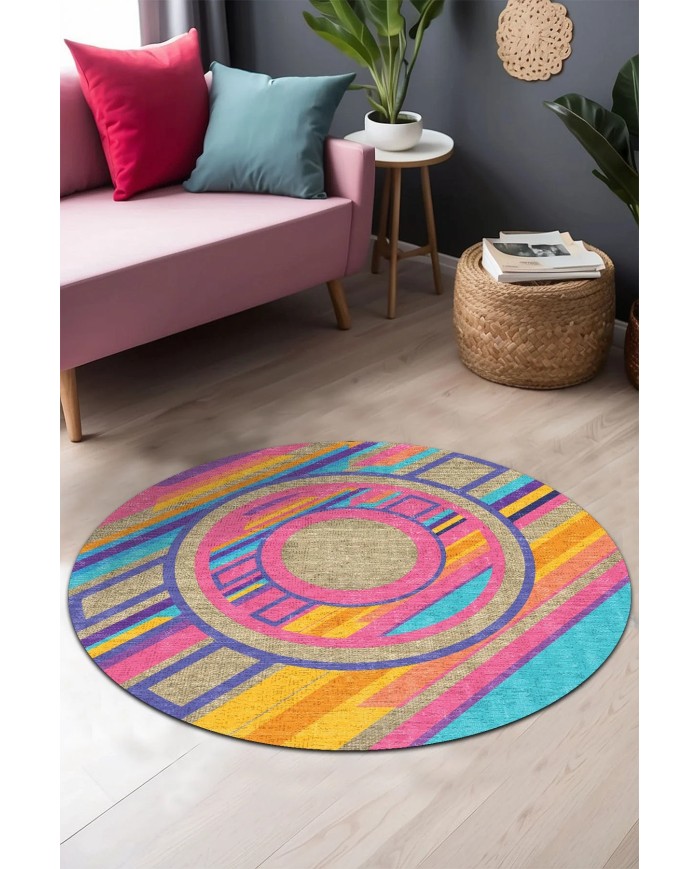 Eltise Kadife Yıkanabilir Kaymaz Pamuk Tabanlı Antibakteriyel Yuvarlak Halı