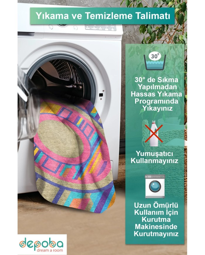 Eltise Kadife Yıkanabilir Kaymaz Pamuk Tabanlı Antibakteriyel Yuvarlak Halı