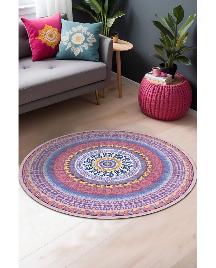 Yelva Kadife Yıkanabilir Kaymaz Pamuk Tabanlı Antibakteriyel Yuvarlak Halı