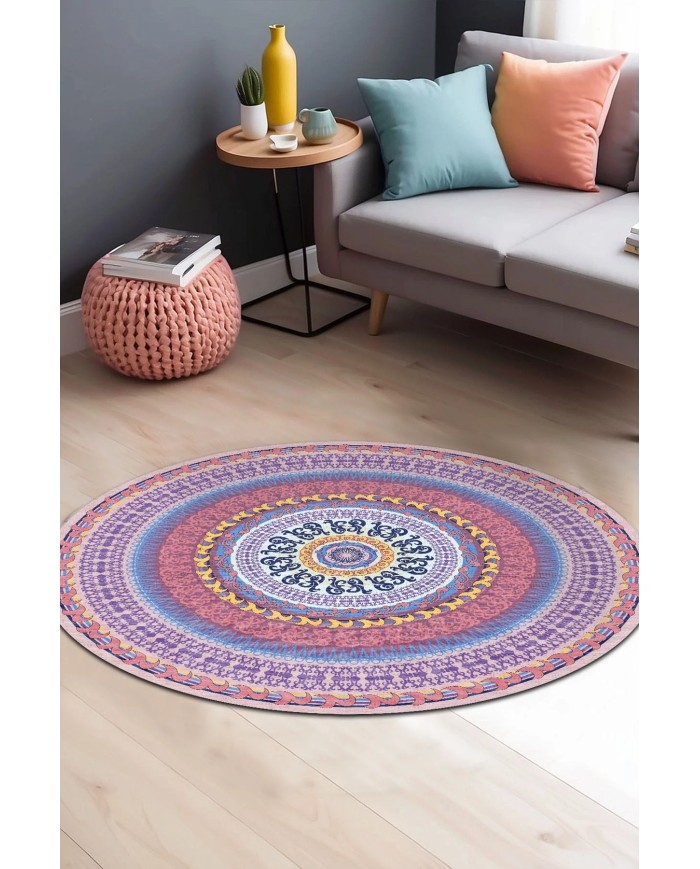 Yelva Kadife Yıkanabilir Kaymaz Pamuk Tabanlı Antibakteriyel Yuvarlak Halı