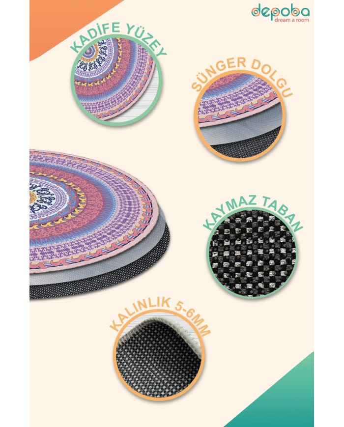 Yelva Kadife Yıkanabilir Kaymaz Pamuk Tabanlı Antibakteriyel Yuvarlak Halı