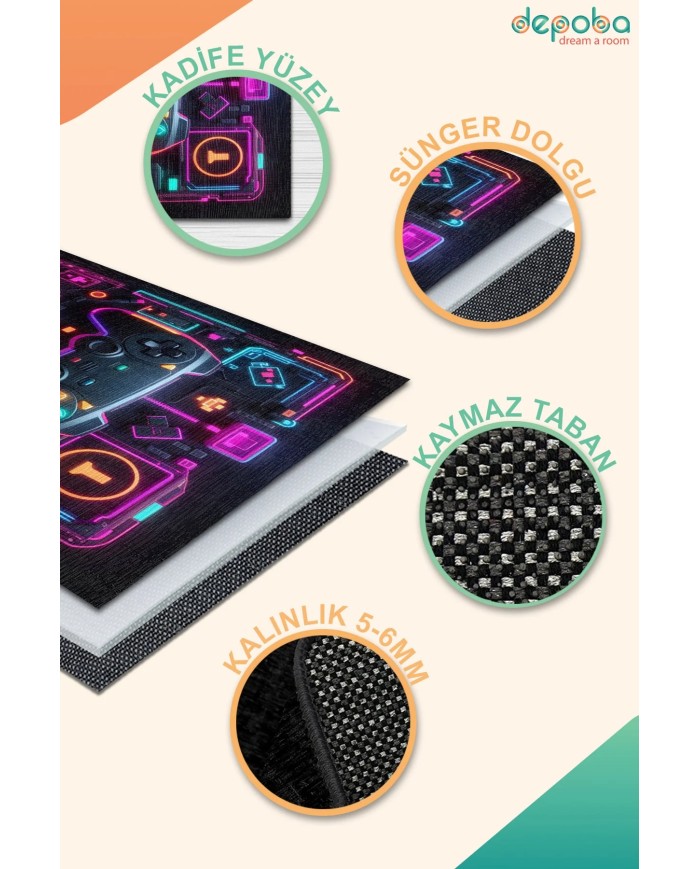 Ares Oyuncu Odası Halısı Kadife Kaymaz Pamuk Tabanlı Yıkanabilir Antibakteriyel Gamer