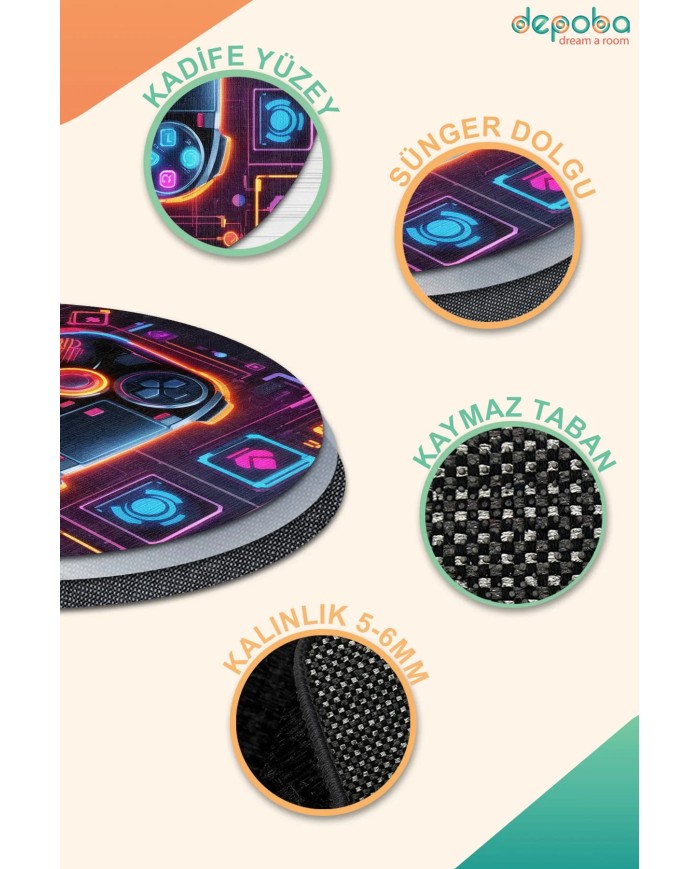 Gampe Oyuncu Odası Halısı Kadife Kaymaz Pamuk Tabanlı Yıkanabilir Antibakteriyel Gamer