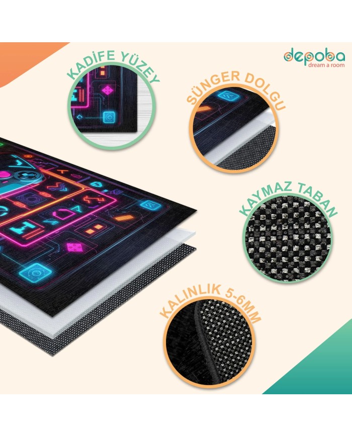 Nolane Oyuncu Odası Halısı Kadife Kaymaz Pamuk Tabanlı Yıkanabilir Antibakteriyel Gamer