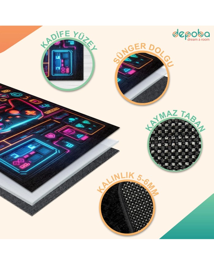 Penra Oyuncu Odası Halısı Kadife Kaymaz Pamuk Tabanlı Yıkanabilir Antibakteriyel Gamer