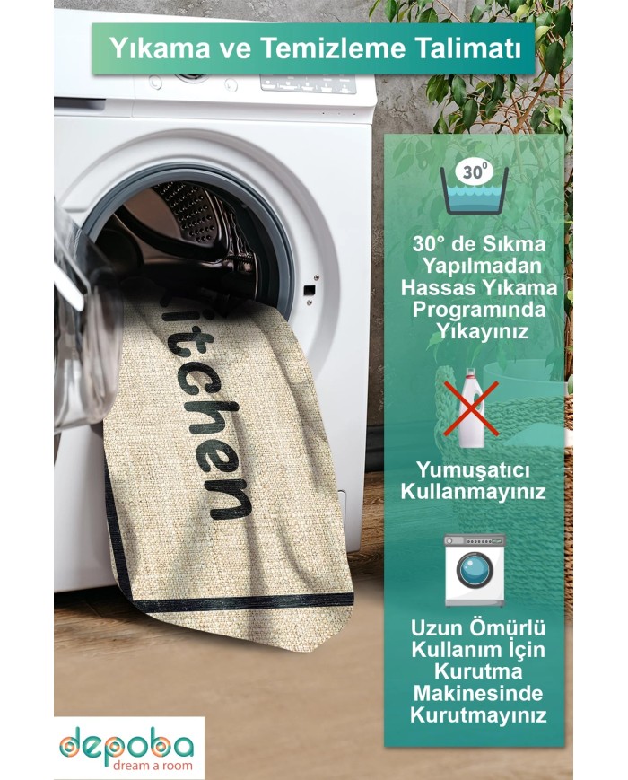 Henas Kadife Yıkanabilir Kaymaz Pamuk Tabanlı Antibakteriyel Mutfak Halısı