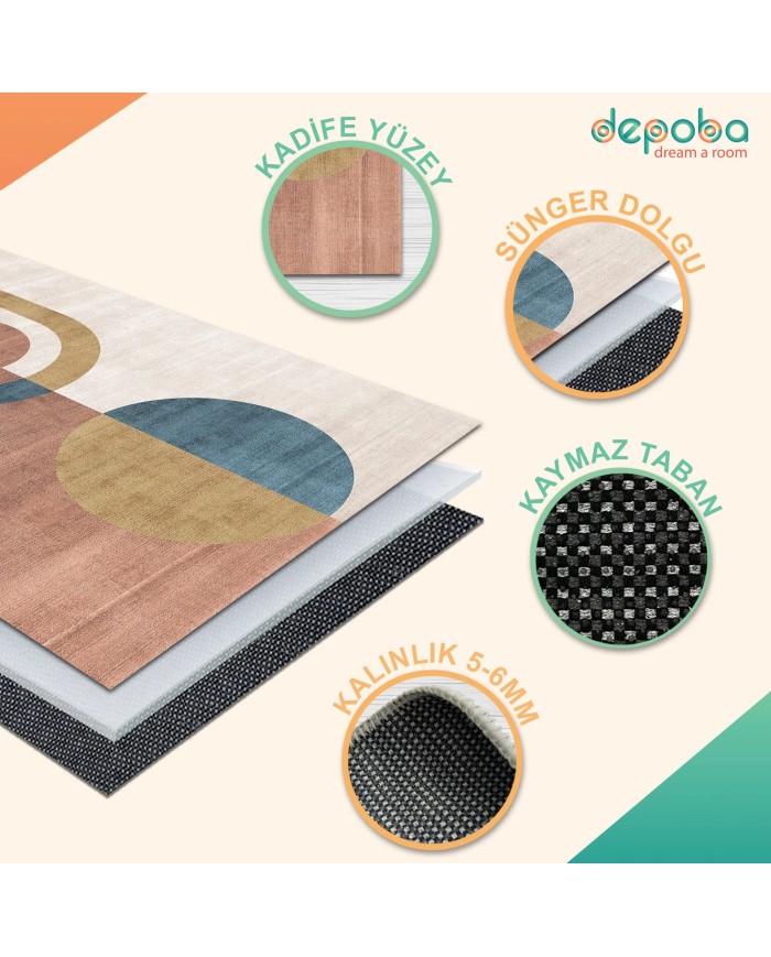 Sarema Kadife Yıkanabilir Kaymaz Pamuk Tabanlı Antibakteriyel Salon Halısı