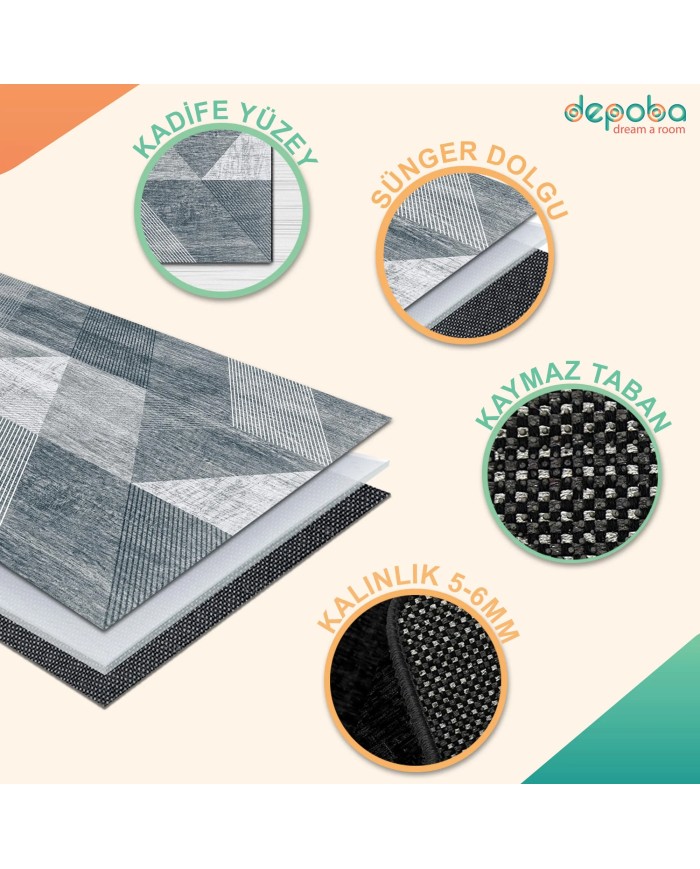 Nedla Kadife Yıkanabilir Kaymaz Pamuk Tabanlı Antibakteriyel Salon Halısı