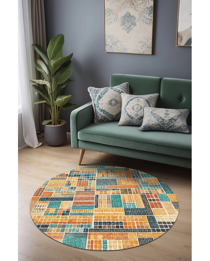 Abela Kadife Yıkanabilir Kaymaz Pamuk Tabanlı Antibakteriyel Yuvarlak Halı