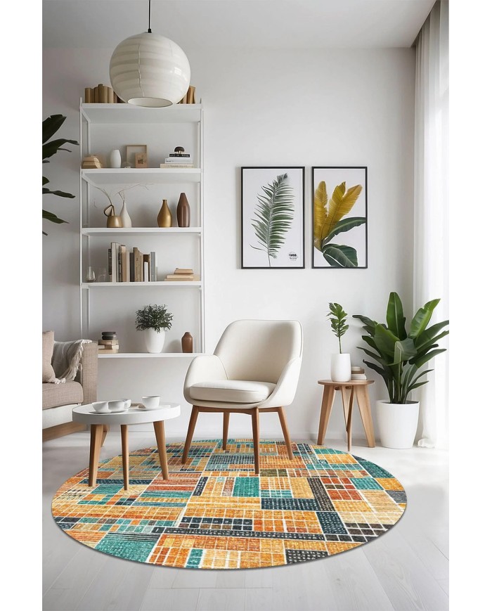 Abela Kadife Yıkanabilir Kaymaz Pamuk Tabanlı Antibakteriyel Yuvarlak Halı