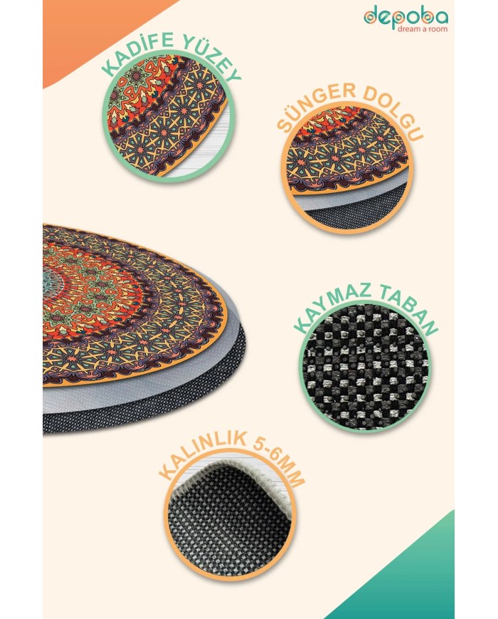 Depas Kadife Yıkanabilir Kaymaz Pamuk Tabanlı Antibakteriyel Yuvarlak Halı