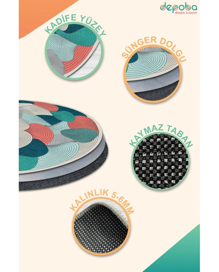 Elsen Kadife Yıkanabilir Kaymaz Pamuk Tabanlı Antibakteriyel Yuvarlak Halı