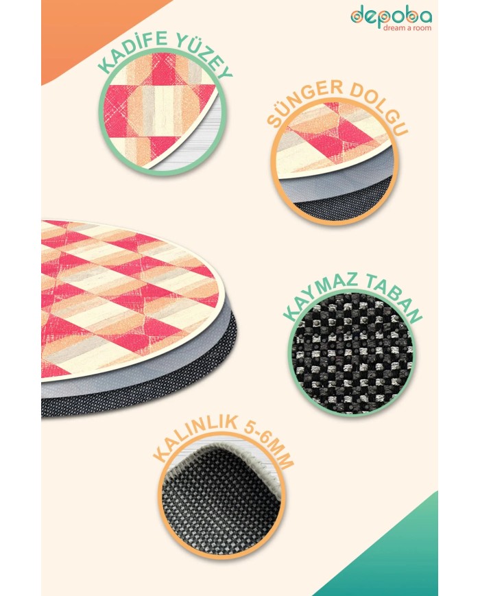 Fatan Kadife Yıkanabilir Kaymaz Pamuk Tabanlı Antibakteriyel Yuvarlak Halı