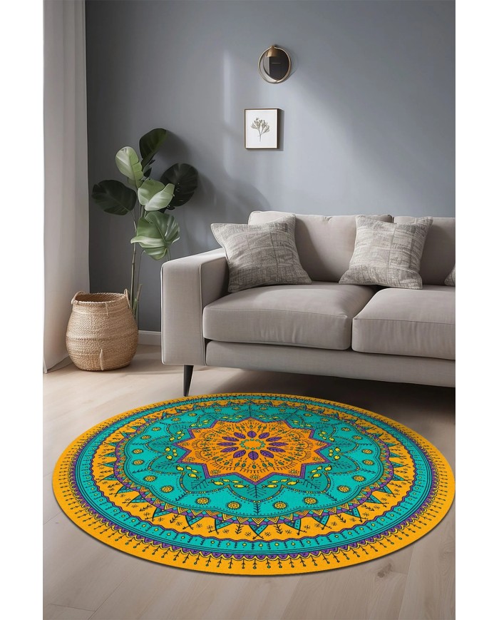 Nares Kadife Yıkanabilir Kaymaz Pamuk Tabanlı Antibakteriyel Yuvarlak Halı