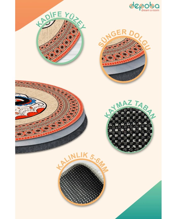 Kleta Kadife Yıkanabilir Kaymaz Pamuk Tabanlı Antibakteriyel Yuvarlak Halı